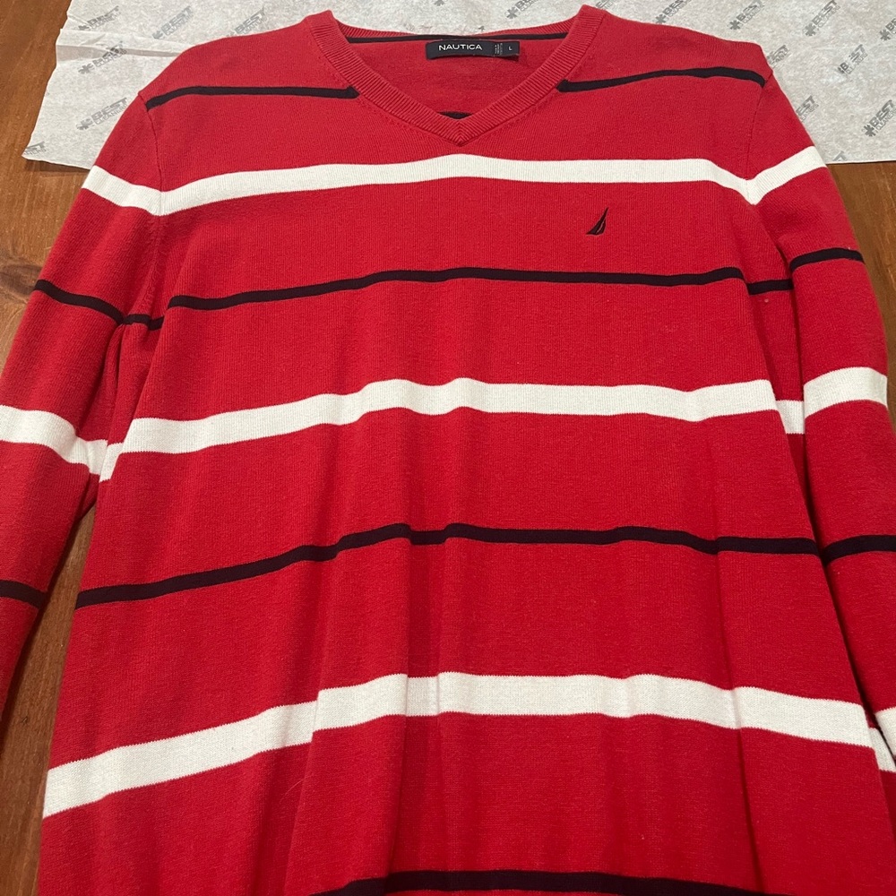 Nautica Men's V-Neck Red and White Striped Sweater